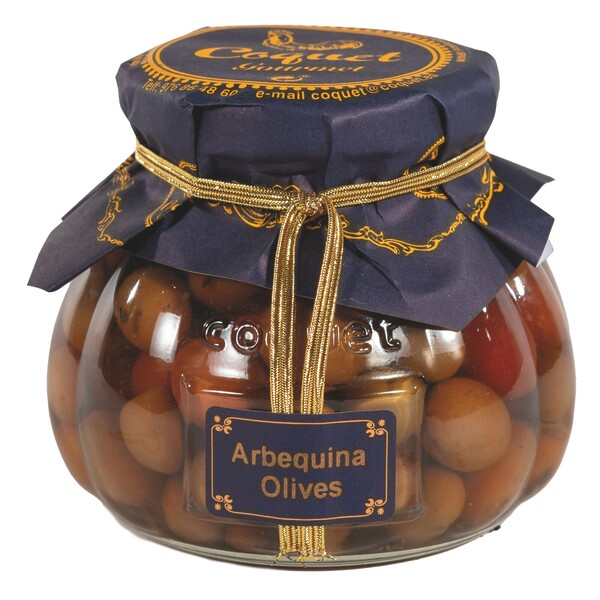Aceitunas arbequinas aliñadas Coquet en tarro de cristal formato lujo 250 ml