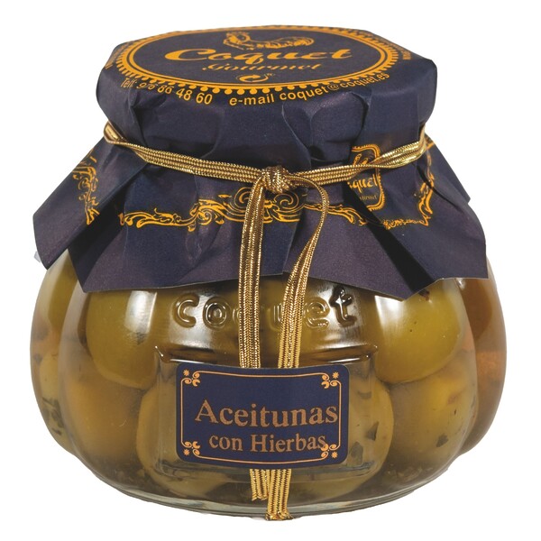 Aceitunas manzanilla con hierbas Coquet en tarro de cristal formato lujo 250 ml