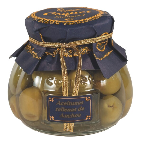 Aceitunas verdes rellenas de anchoa Coquet en tarro de cristal formato lujo 250 ml