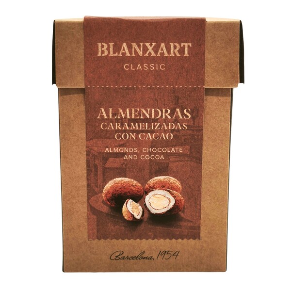 Envase packaging kraft de almendras caramelizadas al cacao 'Blanxart'