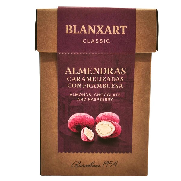 Caja de cartón kraft de almendras caramelizadas con frambuesa de 'Blanxart'