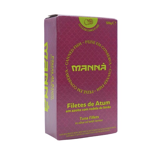 Lata de filetes de atún Manna conservados en aceite de oliva con rodaja de limón, diseño artesanal visible