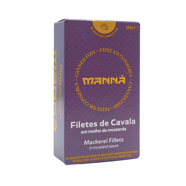 Imagen del packaging de la lata de filetes de caballa en salsa de mostaza Manná