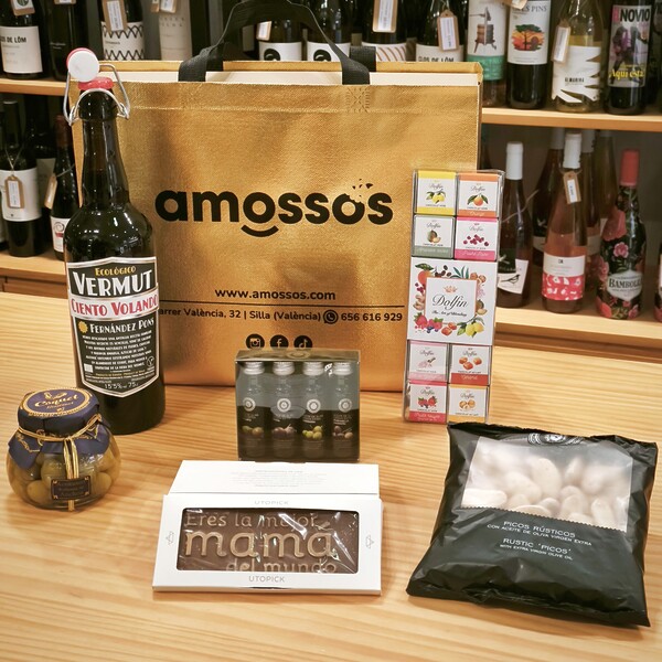 Caja regalo gourmet vermut artesano y chocolate de Utopick "Eres la mejor mamá del mundo" Amossos
