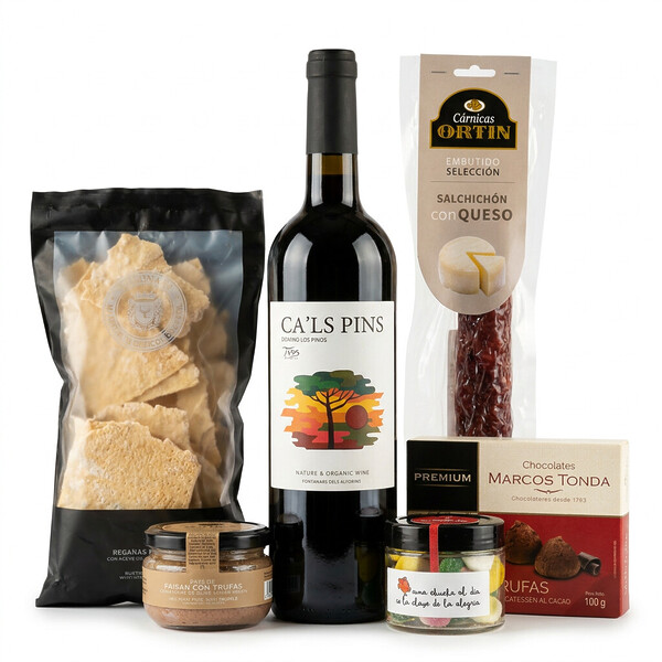 Caja gourmet Ca'ls Pins con vino tinto, regañás con AOVE, salchichón con queso, paté de faisán con trufa, gominolas y trufas de cacao Marcos Tonda