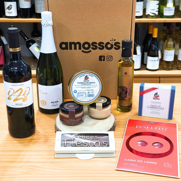 Caja gourmet 'Cava y reserva' con cava brut nature y vino Rioja reserva, lomo loncheado Joselito, patés, ventresca y aceite de oliva virgen extra