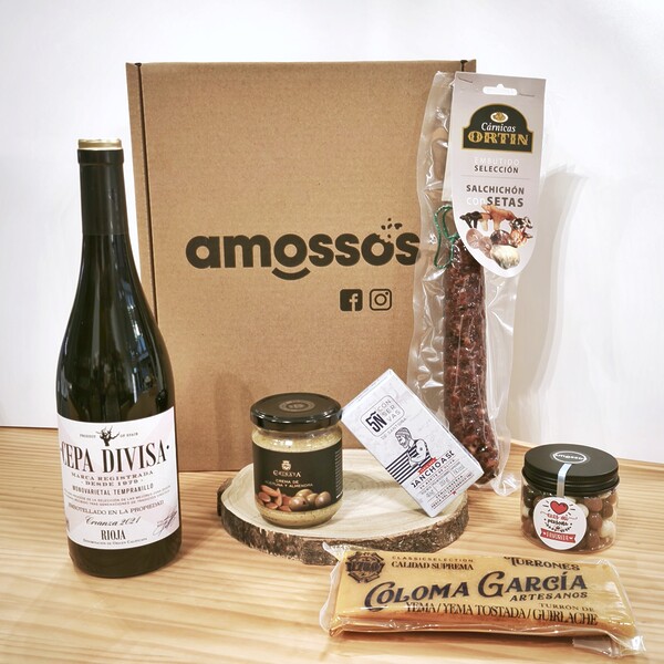 Lote gourmet Navidad tempranillo con vino de Rioja, turrón de Jijona, embutido, anchoas, crema vegetal y chocolate