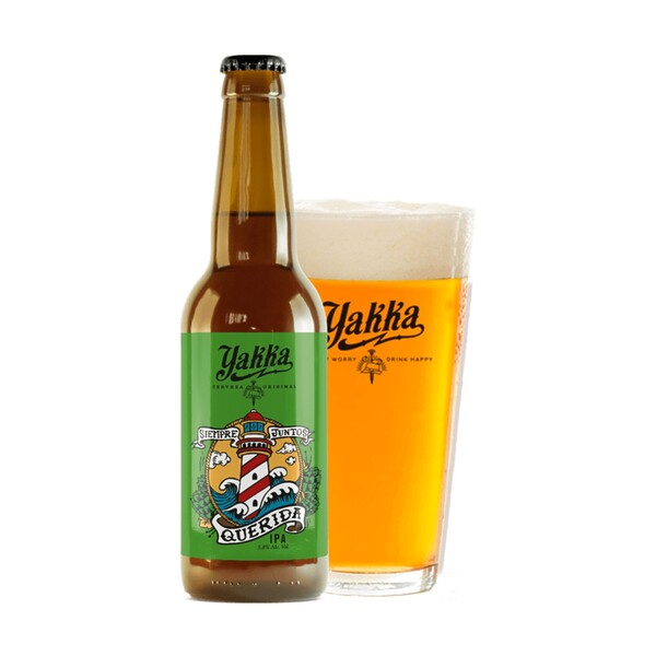 Botella de cerveza Yakka Querida IPA 33 cl con etiqueta distintiva, dorada y brillante, representando una India Pale Ale sin gluten aromática con perfil floral y afrutado