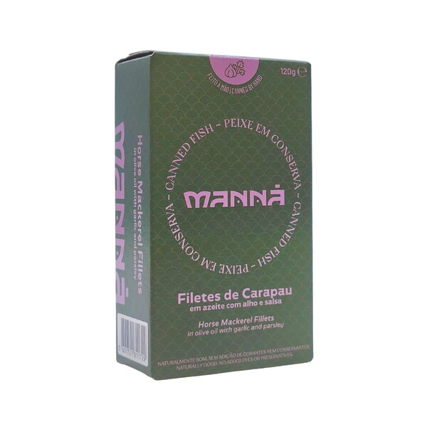 Lata de filetes de jurel Manna en aceite de oliva, diseño premium con sello de Medalla de Oro 2022