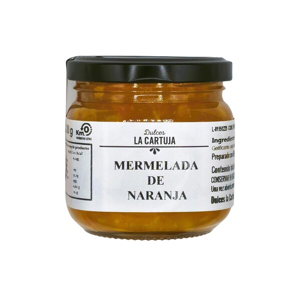 Tarro de mermelada artesanal de naranja Dulces La Cartuja de Altura (Castellón), etiqueta KM 0 y Artesanía Castellón, tarro de 200 g