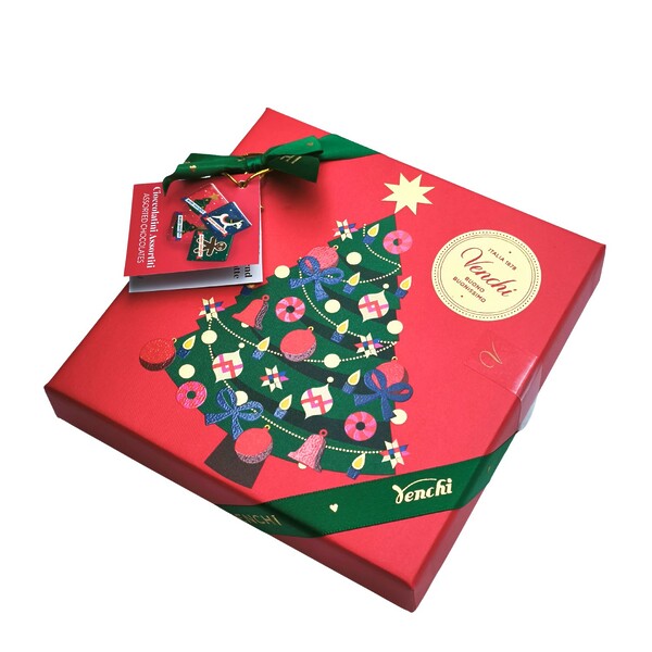 Caja de chocolates surtidos Venchi edición Navidad decorada con un árbol navideño Venchi