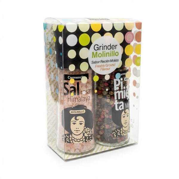 Pack de molinillos Carmencita sal rosa y 4 pimientas para cesta regalo