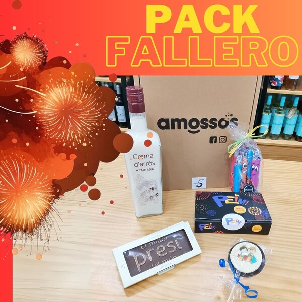Pack de productos gourmet típicos de fallas, con chocolate y licor de arroz