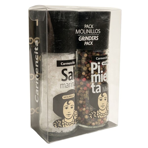 Pack de molinillos de sal marina del mediterráneo y cuatro pimientas 'Carmencita'