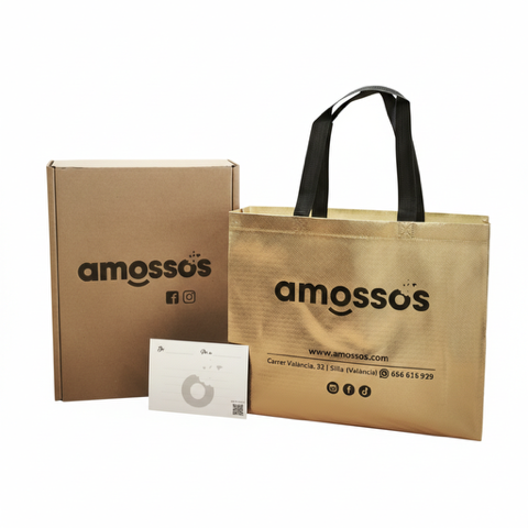 Caja + bolsa dorada con tarjeta de dedicatoria incluida