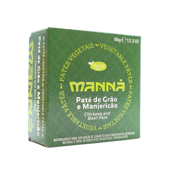 Envase de paté de garbanzos Manná con albahaca, presentación 65g, paté vegetal cremoso y aromático