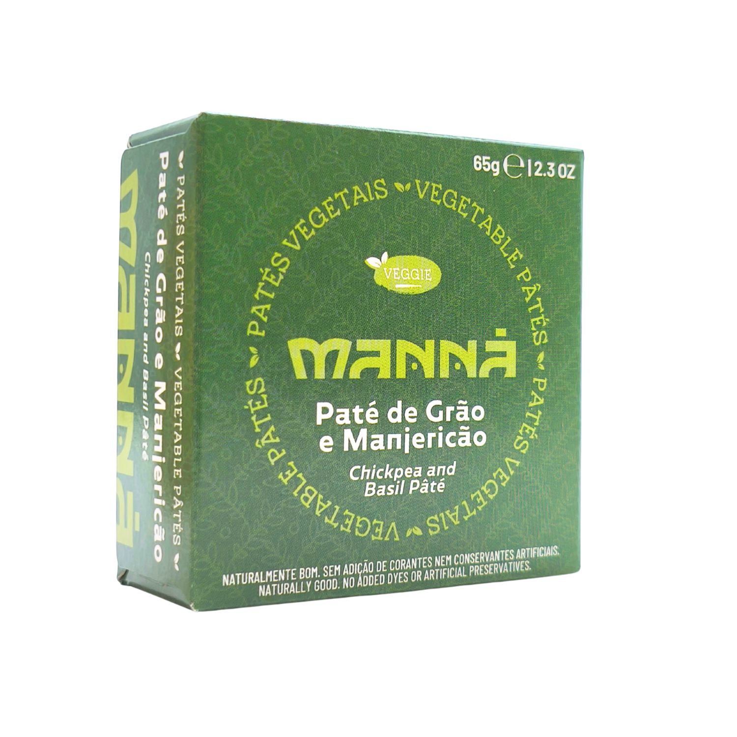 Envase de paté de garbanzos Manná con albahaca, presentación 65g, paté vegetal cremoso y aromático